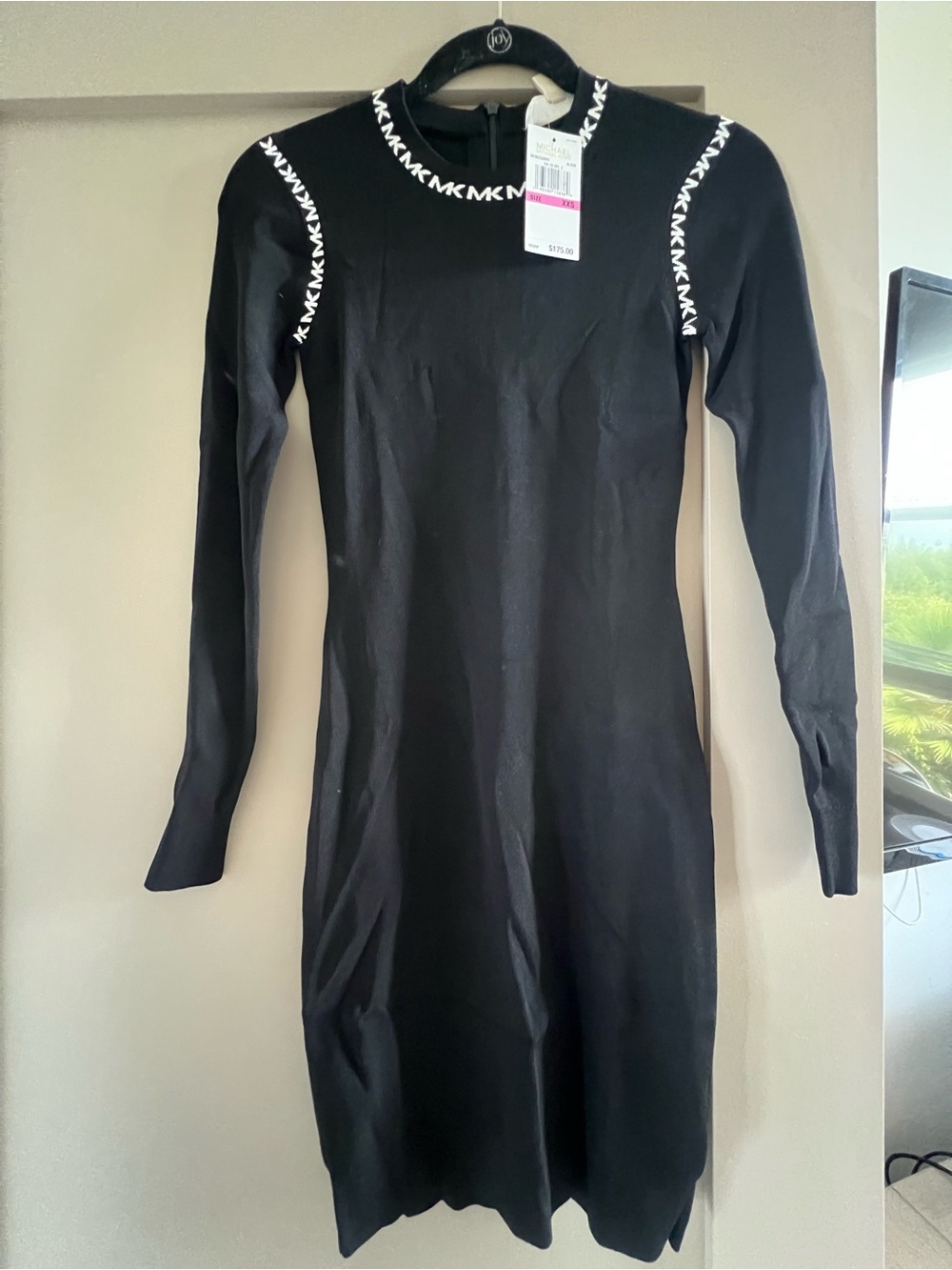 Michael Kors Black Long Sleeve Knit Dress with White Logo Trim